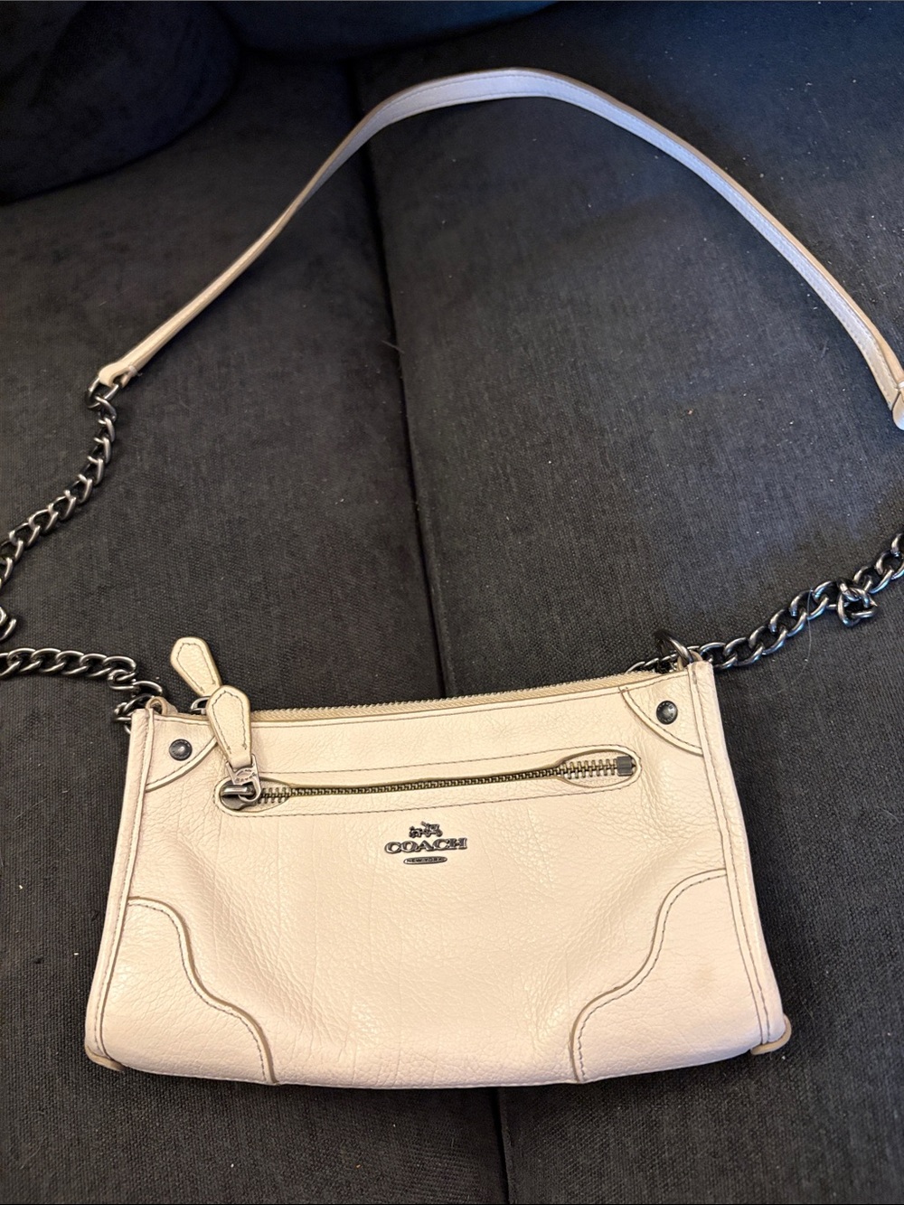 Coach Pebble Leather Crossbody Bag in Light Beige with gun medal on strap